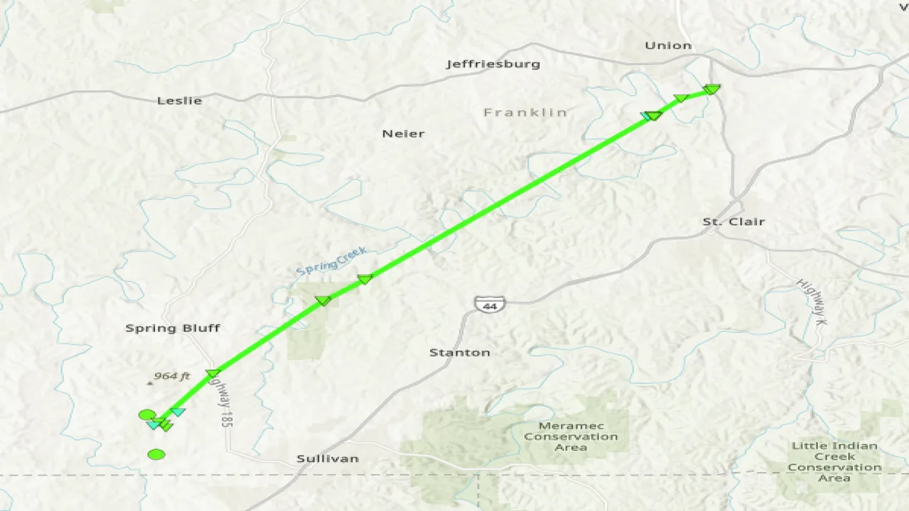 Map showing the path of the Union, MO tornado
